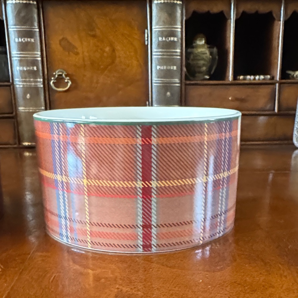 Pottery Barn Set of  Woodrow Plaid Ceramic Pet Bowls NWT!